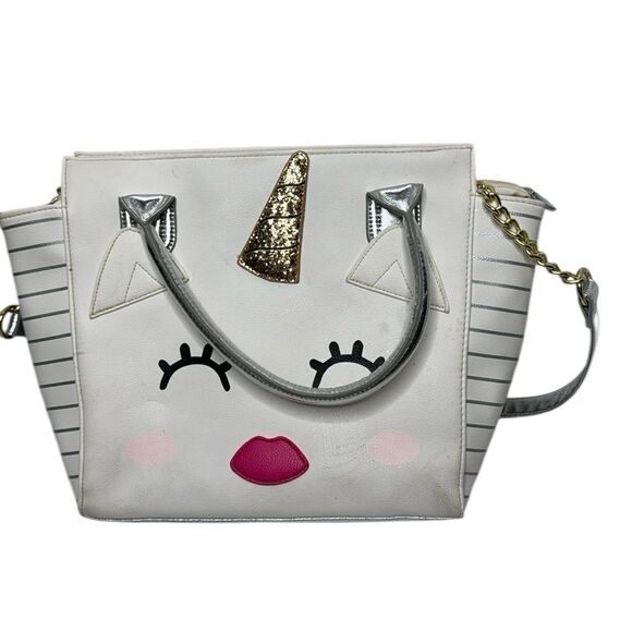 Betsy Johnson Unicorn 2-Way Satchel White/Silver Metallic Shoulder Bag. - Picture 1 of 14